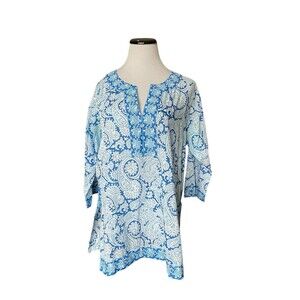 Gretchen Scott Cotton Split Neck Tunic Size XL Blue Paisley Coastal Resort Boho